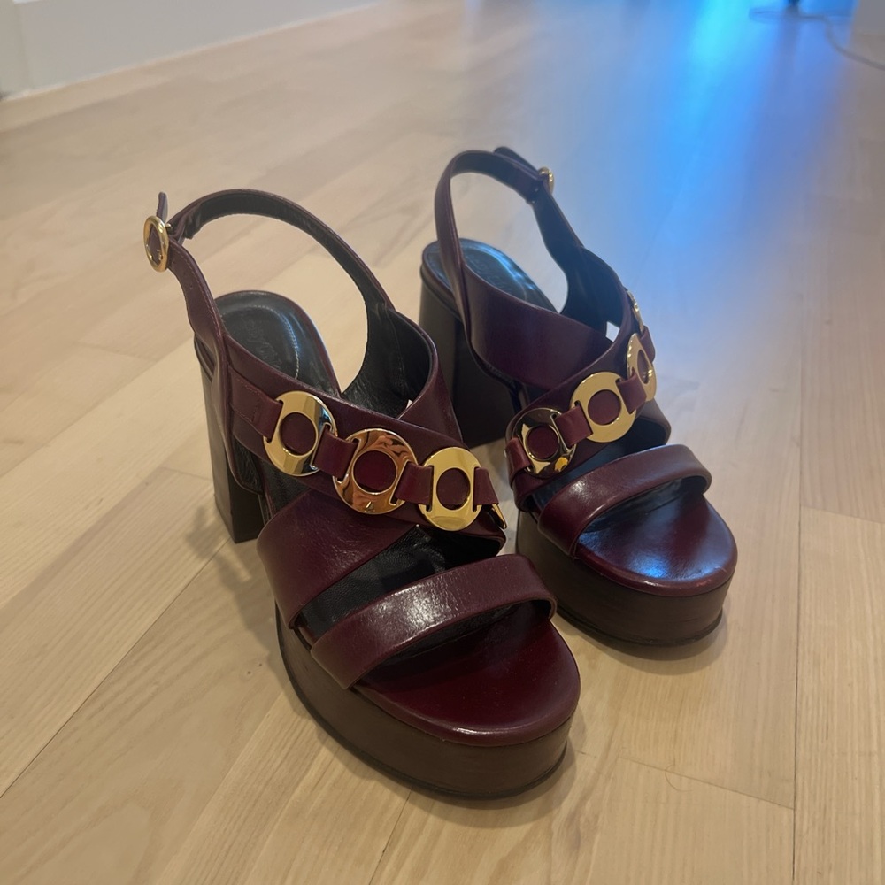 See By Chloe Brown Gold Heels with Chunky Heel